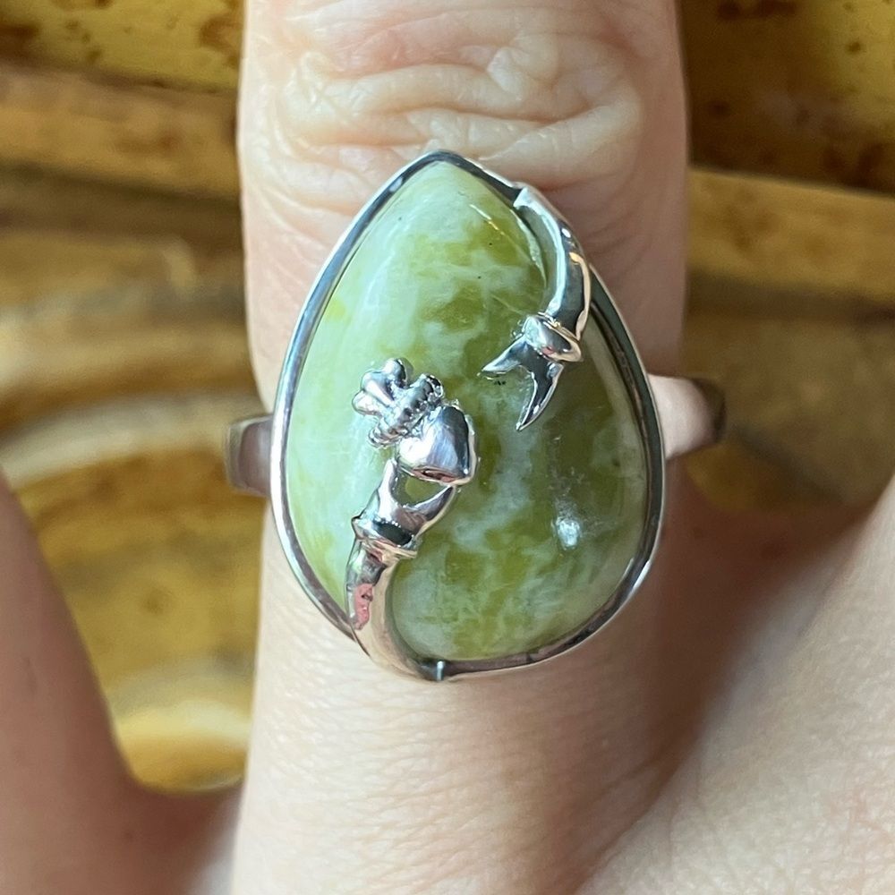 Natural Connemara Marble Sterling Silver Claddagh Ring Size 6